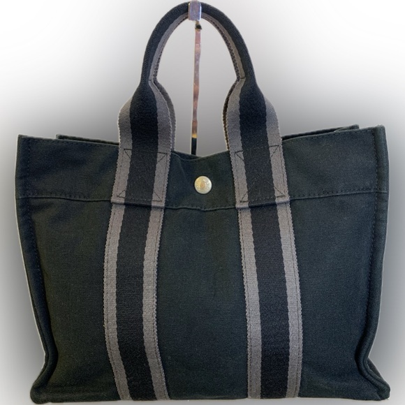 Hermes Paris Fourre Tout Grey/Black Cotton
Canvas Small Tote Hand Bag - Picture 1 of 10